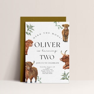 Highland Cow Birthday Invitation - Highland Cow Birthday Party, Watercolor Cow Invitation, Boho Cow Birthday Invitation, Editable Download