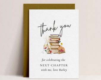 Biglietto di ringraziamento per addio al nubilato a tema libro - Decorazioni per addio al nubilato a tema libro, tema capitolo, biglietto di ringraziamento per addio al nubilato, download istantaneo modificabile