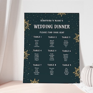 May include: A dark blue wedding seating chart with gold stars and suns. The chart lists the names of guests assigned to each table, numbered 1 through 9. The text at the top reads "Seraphina & Blane's Wedding Dinner, Please Find Your Seat."