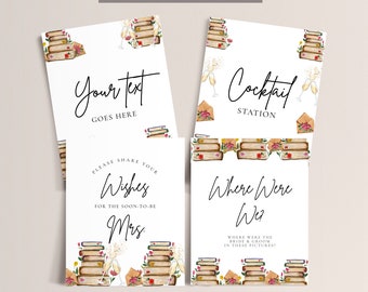 Book Themed Bridal Shower Party Signs -Book Shower Decor, Library Bridal Shower Signs,Storybook Bridal Shower Games Signs, Editable Download