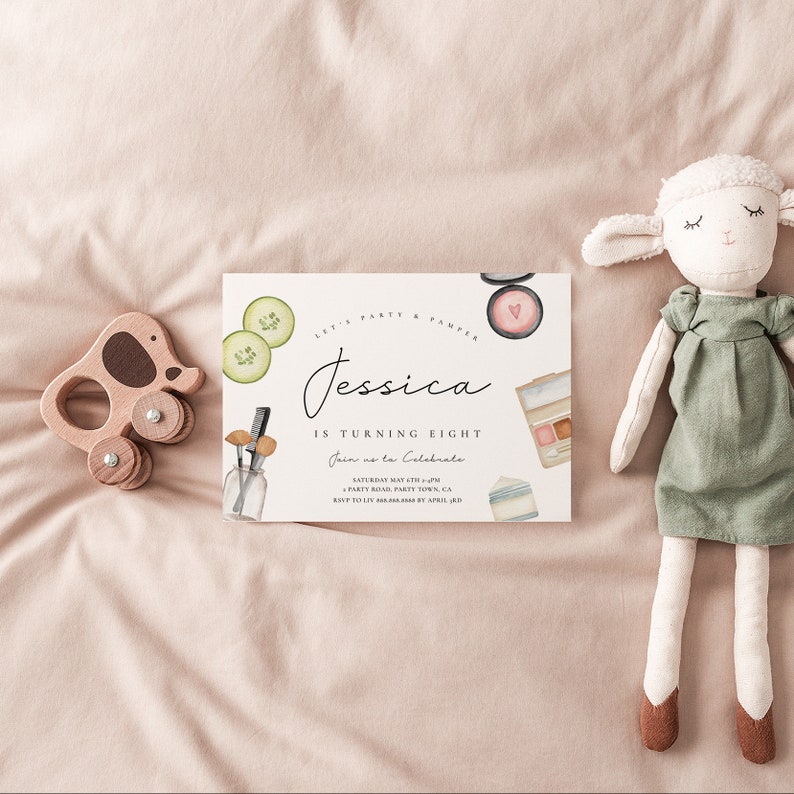 May include: A white invitation card with a watercolor illustration of makeup and skincare products. The text on the card reads "Let's Party & Pamper Jessica is turning eight. Join us to celebrate Saturday May 4th at 4 pm. 4 Party Road, Party Town, CA. RSVP to Liv by April 1st."