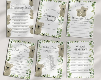 Juegos para baby shower con temática de koalas: juegos australianos, juegos de eucalipto, juegos de animales, descarga editable