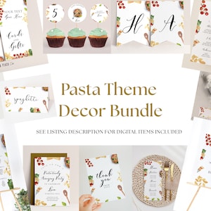 Pasta-Geburtstags-Dekor-Bundle - Spaghetti-Geburtstags-Dekor, italienische Geburtstagsschilder, einladen, Kochen-Thema, Chef-Thema, bearbeitbare Sofort-Downloads