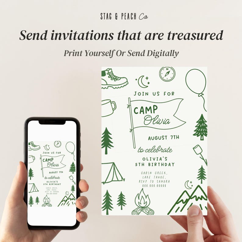 May include: A smartphone displays a digital invitation next to a printed invitation. Both feature a green camping theme with illustrations of trees, a tent, and a campfire. The invitation reads "Camp Olivia" and includes event details.
