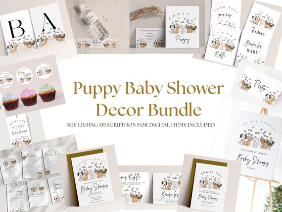 Puppy Baby Shower Decorations Bundle - Dog Theme Baby Shower, Puppy Theme Signs, Tags, Banner, Puppy Baby Shower Invite, Editable Download