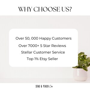 Pu&ograve; includere: Testo bianco su sfondo bianco con una pianta verde in un vaso bianco. Il testo recita "WHY CHOOSE US?" e elenca quanto segue: "Over 50,000 Happy Customers", "Over 7000+ 5 Star Reviews", "Stellar Customer Service", "Top 1% Etsy Seller" e "STAG & PEACH Co."