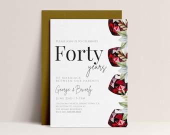 40th Wedding Anniversary Invitation Template - Anniversary Party Invite, Ruby Wedding Anniversary, Vow Renewal, Editable Printable Download