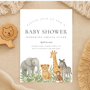 Safari Baby Shower Invitation Template-Editable Safari Invitation, Gender Neutral, Safari Animal Baby Shower Invitation Instant Download