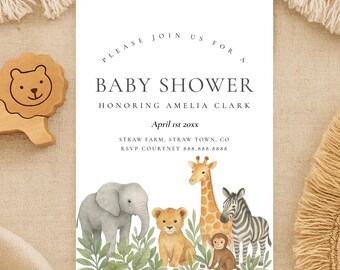 Safari Baby Shower Invitation Template-Editable Safari Invitation, Gender Neutral, Safari Animal Baby Shower Invitation Instant Download