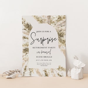 May include: A white invitation with a brown and beige watercolor background featuring a floral design. The text reads "Join us for a Surprise Retirement Party in honor of Suzie Briggs July 5th from 7PM Fun Lane, Relax Town, CA Rsvp to Sadie by June 1st 888.888.8884"