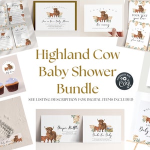 Highland Cow Baby Shower Decorations Bundle - Cow Baby Shower Theme, Highland Cow Baby Shower Games, Invite, Favors & more Editable Download