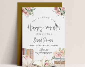 May include: A white bridal shower invitation with pink and green floral illustrations. The text reads "She's found her Happy ever after - Join us for a Bridal Shower Honoring Kiera Adams" with additional details about the event.