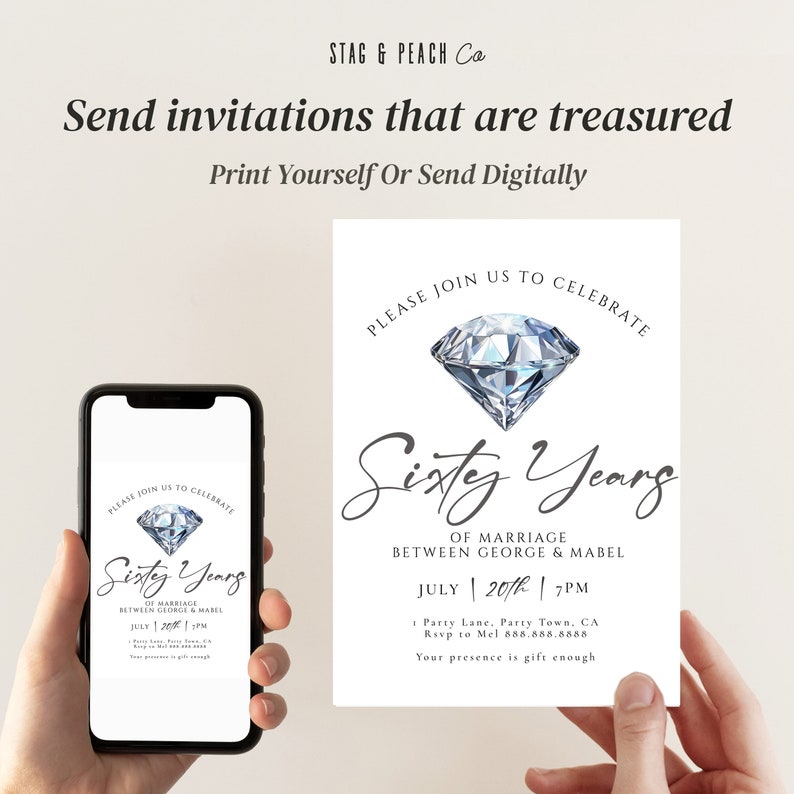 60th Wedding Anniversary Invite Template-60th Anniversary Party Invitation, Diamond Anniversary Decor, Vow Renewal invite, Editable Download image 5