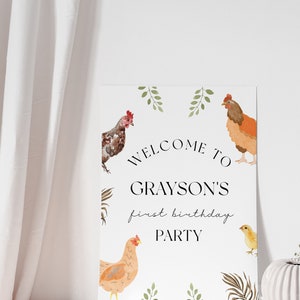 Chicken Banner Barnyard Birthday Banner, Chicken Birthday Sign, Farm Birthday Decor, Chicken Welcome Sign, Kids Party, Editable Download 画像 5