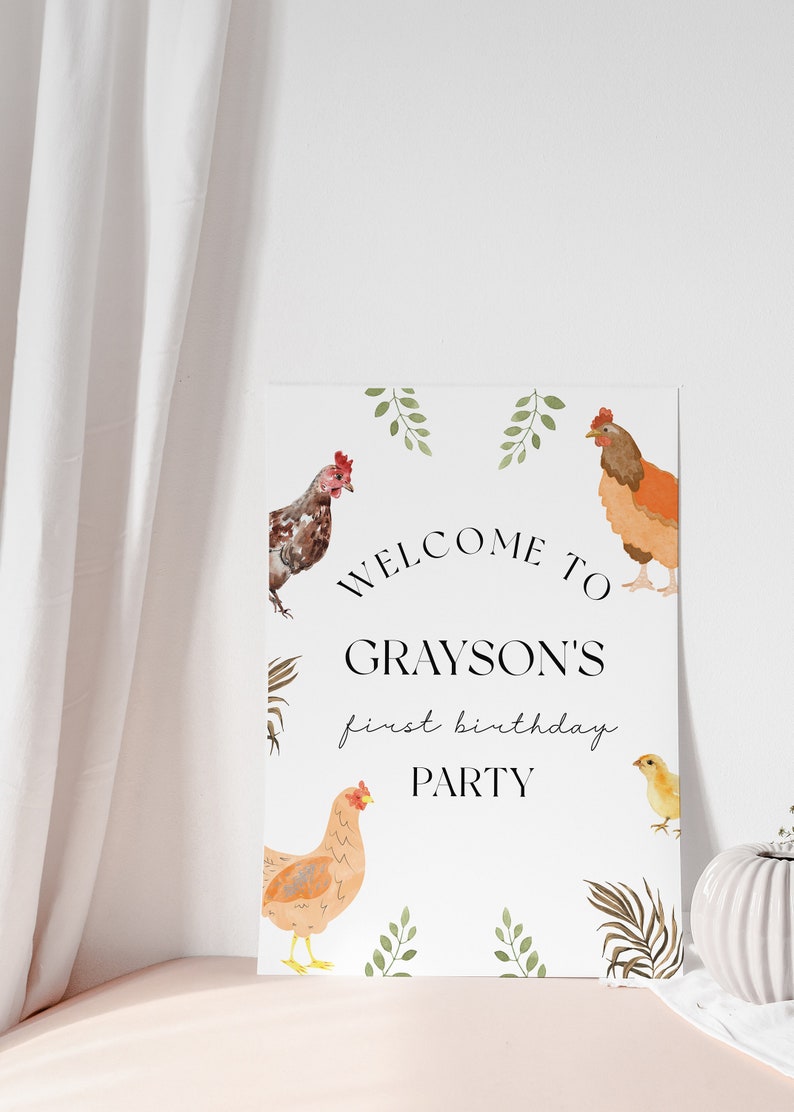 Chicken Banner Barnyard Birthday Banner, Chicken Birthday Sign, Farm Birthday Decor, Chicken Welcome Sign, Kids Party, Editable Download 画像 5