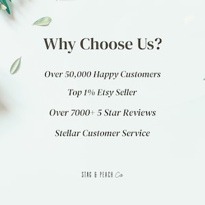 May include: Text graphic on a light blue background with green foliage on the sides. The text reads "Why Choose Us?" followed by four bullet points: "Over 50,000 Happy Customers", "Top 1% Etsy Seller", "Over 7000+ 5 Star Reviews", and "Stellar Customer Service". The text "STAG & PEACH Ca" is at the bottom of the graphic.