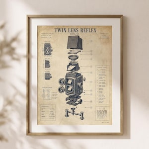 May include: A framed vintage-style patent print titled Twin Lens Reflex Model 124. The poster features an exploded view diagram of a camera with numbered parts, a parts list, technical specifications, and a light path diagram on a beige background.