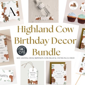 Highland Cow Birthday Decorations Bundle - Cow Birthday Party Decor, Highland Cow Birthday Invite, Highland Cow Banner etc Editable Download