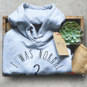 May include: A light gray hoodie with the text "I was normal 2" printed on the front. The hoodie is in a wooden box with a small succulent plant and a brown tag with the text "S&P Co."