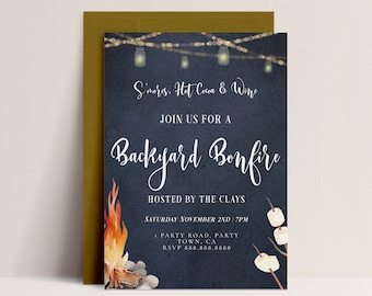 Bonfire Party Invitation - Bonfire Birthday Invite, Backyard Birthday Invite, Birthday BBQ, Rustic Invite, Fall, Editable Instant Download