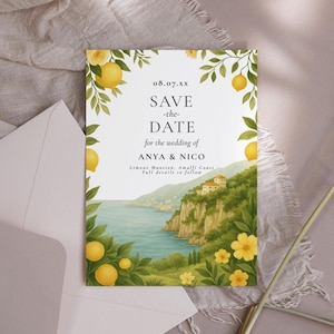 Modello Save the Date per la Costiera Amalfitana - Invito a nozze in Italia, Invito a nozze sulla Costiera Amalfitana con limone, spiaggia, invito di destinazione modificabile da scaricare