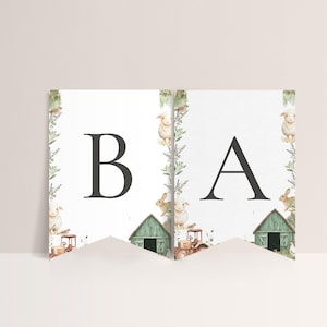 May include: A white banner with the letters "BA" in black, surrounded by a green and white floral pattern. The banner features images of farm animals, including sheep, rabbits, and a tractor.