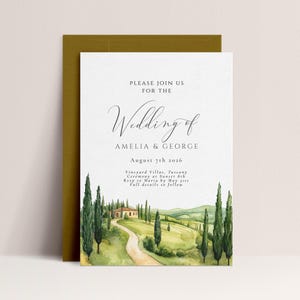 Tuscany Wedding Invitation Template - Italy Wedding Invitation Watercolor, Italian Wedding Invite with Vineyard, Florence-Editable Download