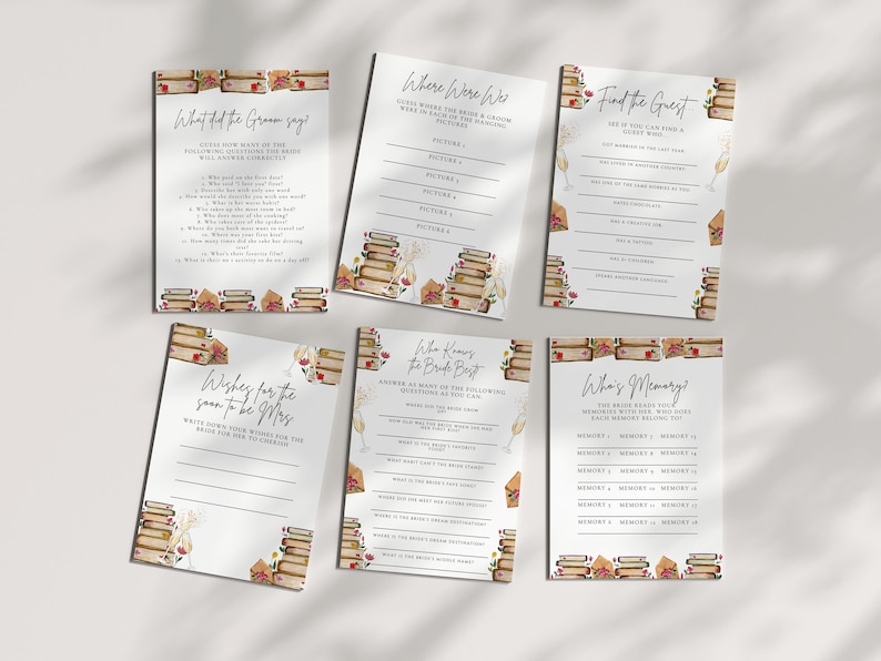 May include: Set of six printable bridal shower game cards with a book stack and floral design. The cards include games like "What did the groom say?", "Where were we?", "Find the guest", "Wishes for the soon to be Mrs", "Who knows the bride best?", and "Who's memory?"