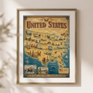 May include: A framed vintage-style map of the United States titled Land of Liberty, featuring illustrations of state landmarks, wildlife, and geography. The map includes text labels for all 50 states, the Pacific and Atlantic Oceans, and the year 1776.