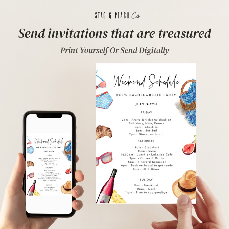 May include: A watercolor illustration of a weekend schedule for a bachelorette party. The schedule includes activities like swimming, a vineyard excursion, and a DJ and dinner. The illustration features a sailboat, a glass of wine, a straw hat, and a basket of lavender.
