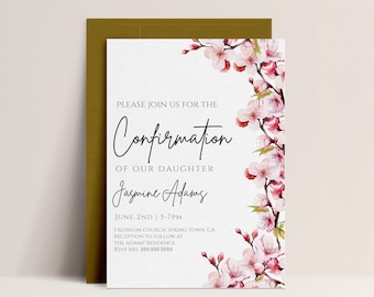 First Holy Confirmation Invitation Girl - Blossom Invitation, First Communion Invitation, Cherry, Baptism, Pink, Editable Instant Download