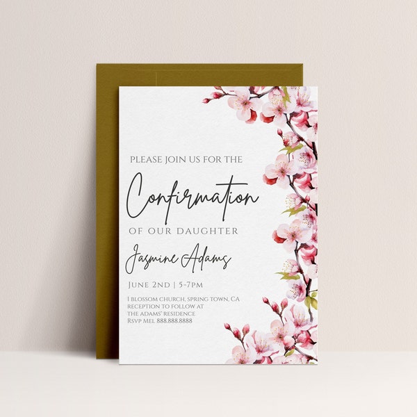 First Holy Confirmation Invitation Girl - Blossom Invitation, First Communion Invitation, Cherry, Baptism, Pink, Editable Instant Download