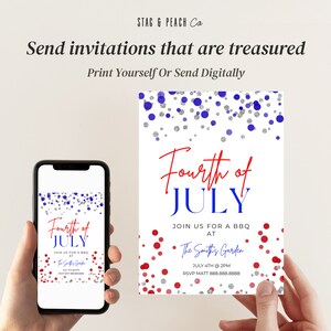 May include: Fourth of July party invitation with a red, white, and blue confetti design. The invitation says "Join us for a BBQ at The Smith's Garden, July 4th at 2 PM. RSVP Matt 888.888.8888"