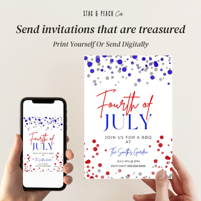 May include: Fourth of July party invitation with a red, white, and blue confetti design. The invitation says "Join us for a BBQ at The Smith's Garden, July 4th at 2 PM. RSVP Matt 888.888.8888"