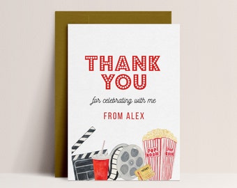 Movie Birthday Thank You Card - Movie Thank You, Cinema Birthday Decor, Theater Thank You, Kids Party, Backyard, Editable Instant Download