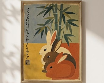 Decoración de pared con conejos japoneses: póster minimalista de conejito, estilo retro de arte popular, decoración de pared con bambú, impresión estilo xilografía (impresión física).