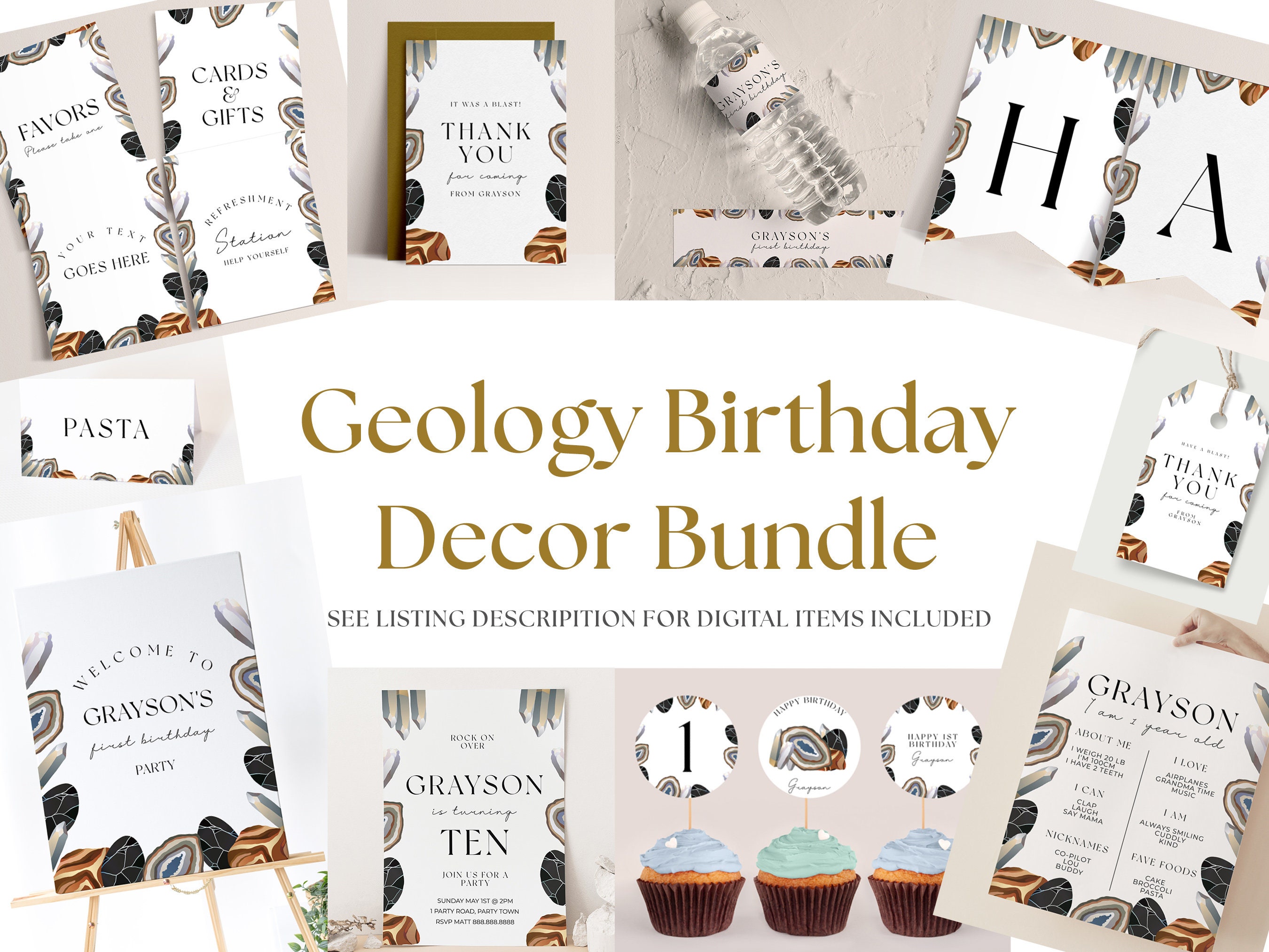 Bundle de décorations de fête de géologie-décorations de fête de géologie, invitation d'anniversaire de géologie, anniversaire de gemme, anniversaire de géode, téléchargement immédiat modifiable
