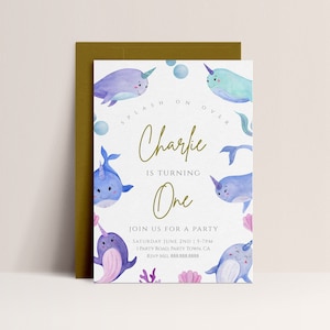 Invitation d'anniversaire narval-baleine, invitation de fête d'anniversaire de filles, invitation d'anniversaire sous la mer, téléchargement immédiat modifiable