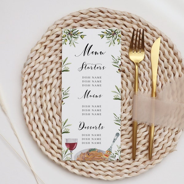 Italian Theme Bridal Shower Menu Cards - Italian Theme Bridal Shower Decor, Winery Bridal Shower, Wine Tasting Menu, Pasta Editable Download