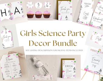 Pacchetto di decorazioni per feste scientifiche - Decorazioni per feste scientifiche per ragazze, striscioni per feste scientifiche, materiale stampabile per feste scientifiche rosa, download istantaneo modificabile