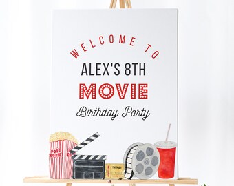 May include: Welcome to Alex's 8th Movie Birthday Party sign with a red and white striped popcorn bucket, a black and white clapperboard, a silver film reel, and a red cup with a straw.