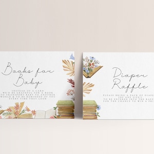 Verhalenboek baby shower boek & luier loterij kaart - boek thema baby shower kaarten, hoofdstuk baby shower uitnodiging, bewerkbare afdrukbare download