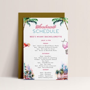 Miami Bachelorette Itinerary Template - Beach Bachelorette Itinerary, Weekend Itinerary, Tropical Bachelorette Invitation, Editable Download