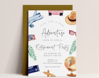 Travel Retirement Party Invitation Template - Adventure Theme Invitation, Suitcase, Globe, Retirement Invitation, Editable Instant Download