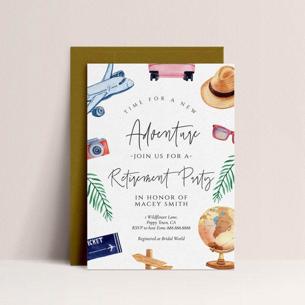 Travel Retirement Party Invitation Template - Adventure Theme Invitation, Suitcase, Globe, Retirement Invitation, Editable Instant Download