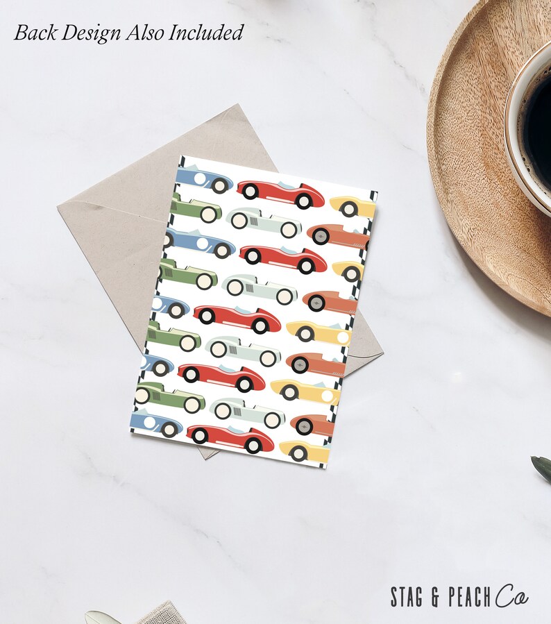 May include: A white card with a repeating pattern of colourful cartoon racing cars. The cars are red, blue, green, yellow, and grey. The text "Stag & Peach Co" is at the bottom of the card.