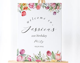 Tulip Birthday Welcome Sign - Tulip Wedding Sign, Tulip Themed Decor, Spring Theme Birthday, Floral Welcome Sign, Editable Instant Download