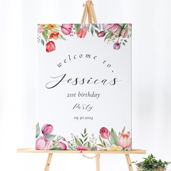 Tulip Birthday Welcome Sign - Tulip Wedding Sign, Tulip Themed Decor, Spring Theme Birthday, Floral Welcome Sign, Editable Instant Download