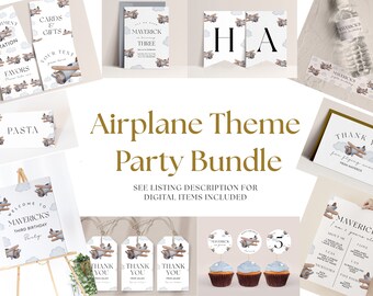 May include: A printable party bundle with an aeroplane theme. The bundle includes a welcome sign, thank you cards, favour tags, cupcake toppers, and more. The design features blue and brown aeroplanes with white clouds.