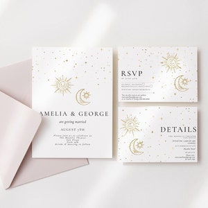 Suíte de convite de casamento celestial - estrelas de convite de casamento, cartões Rsvp e detalhes, conjunto de convites de casamento na lua, downloads editáveis para impressão